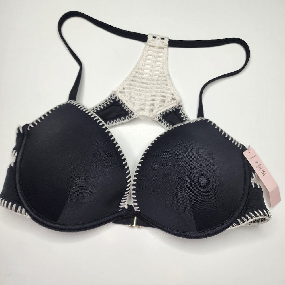 NEW Victorias Secret Bikini Top 34D Carova Crotchet Black Racerback Pushup